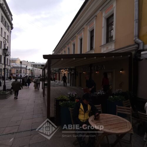 Фотографии выполненных работ компании «ABIE-GROUP» Алюминиевой перголы со сдвижным тентом для итальянского ресторана. г.Москва